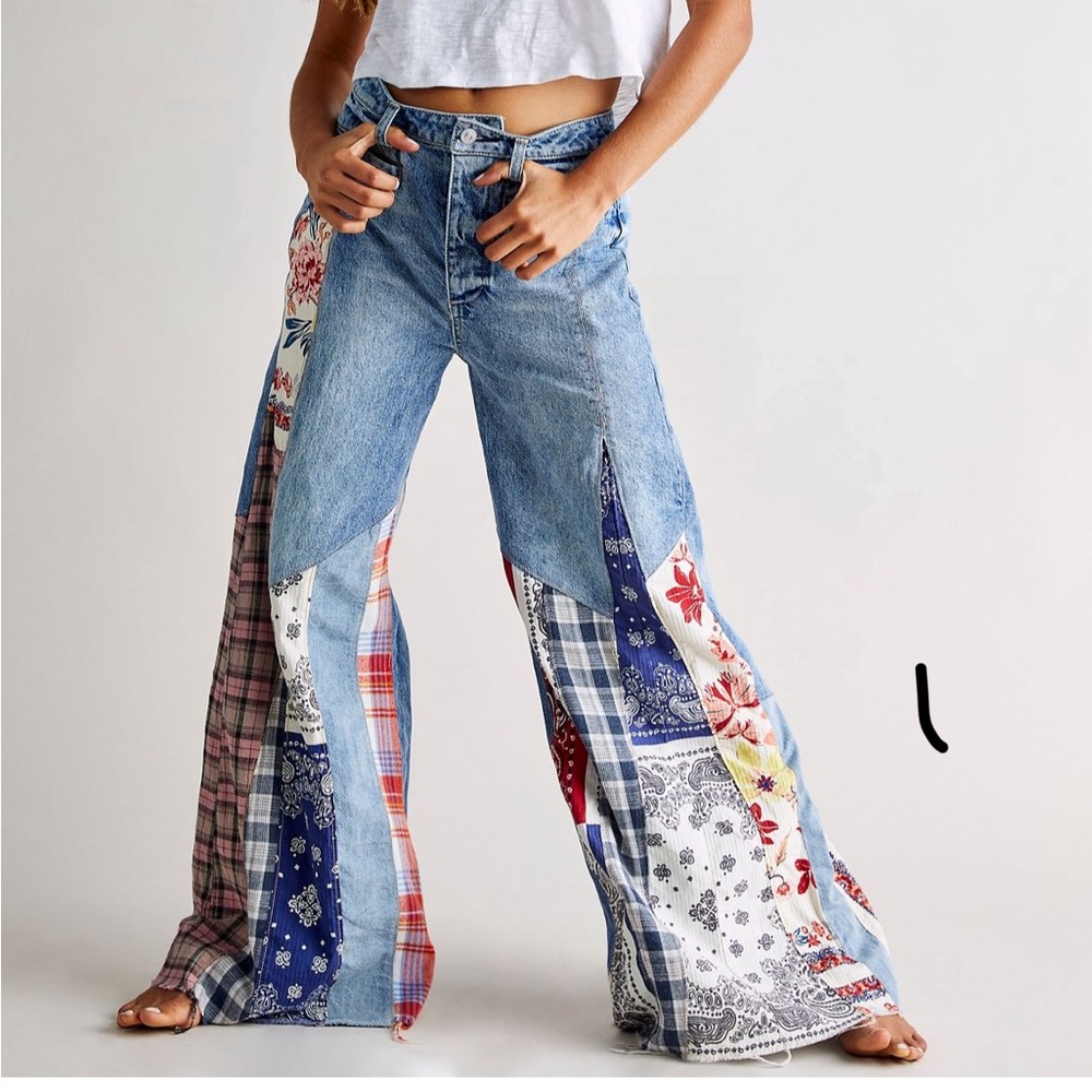 Free People Cortez Pieced Bandana Wide Leg Jeans, Size 26